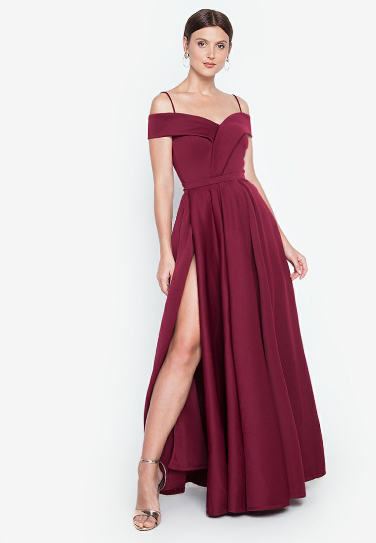 Off-the-Shoulder High-Slit Gown in Maroon
