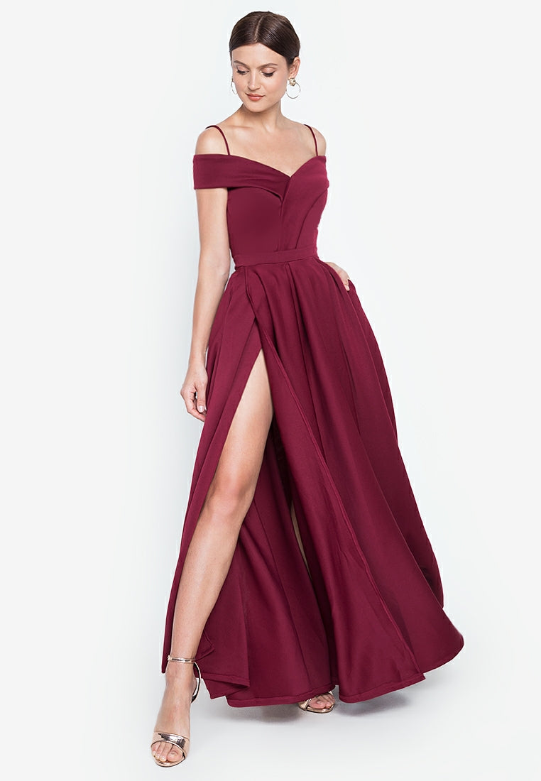 Off-the-Shoulder High-Slit Gown in Maroon