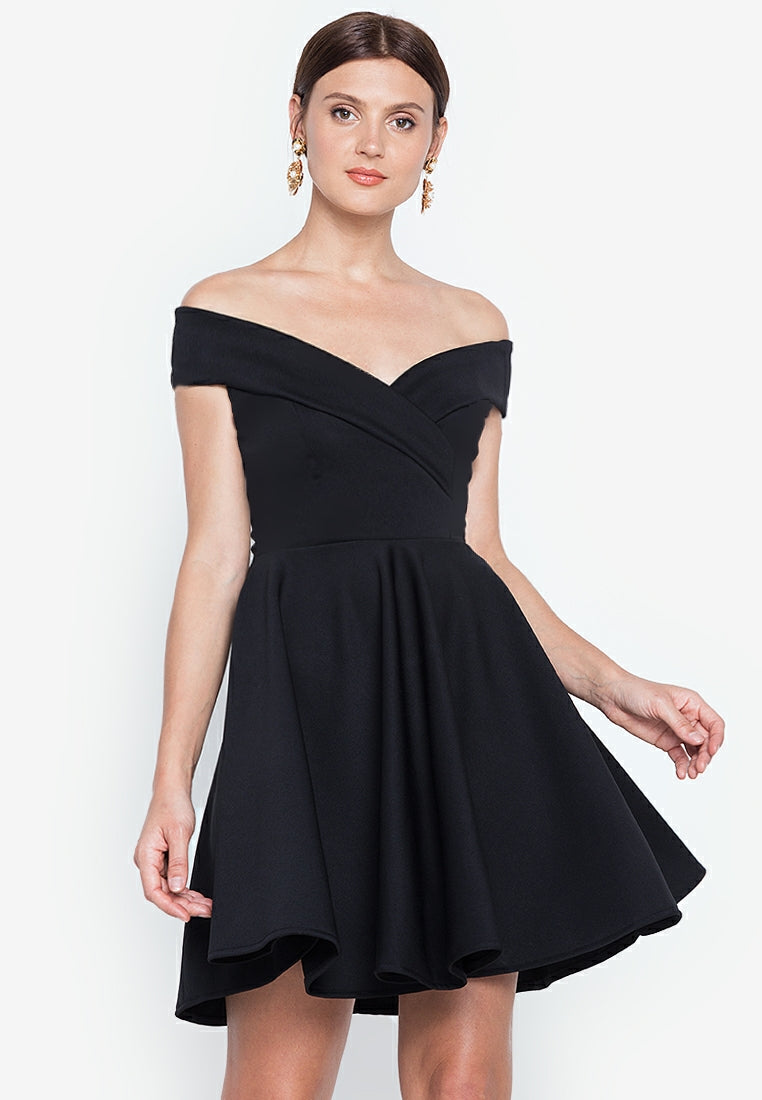 Off-the-Shoulder Wrap Mini Dress in Black