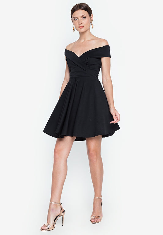 Off-the-Shoulder Wrap Mini Dress in Black