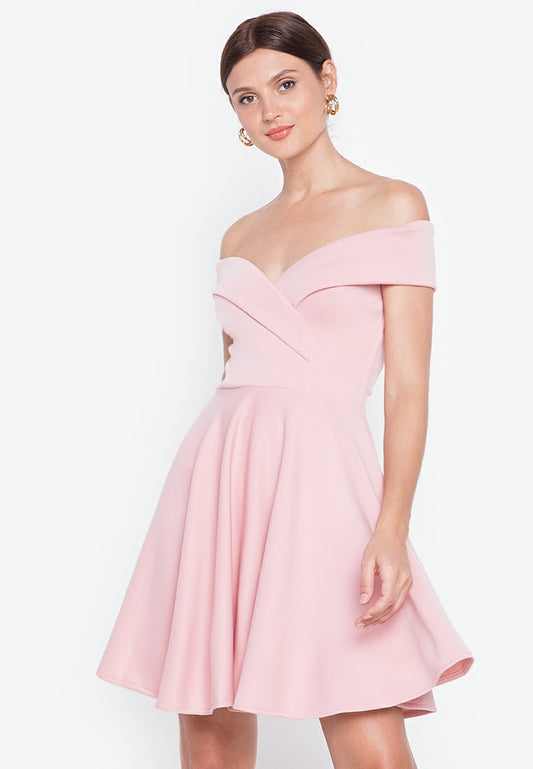 Off-the-Shoulder Wrap Mini Dress in Dusty Pink