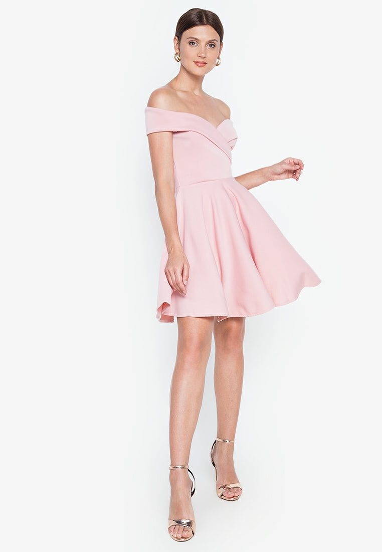 Off-the-Shoulder Wrap Mini Dress in Dusty Pink