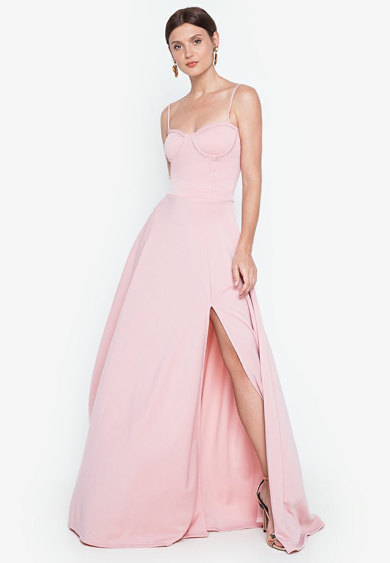 Strappy Bustier Sweep Train Maxi Dress in Dusty Pink