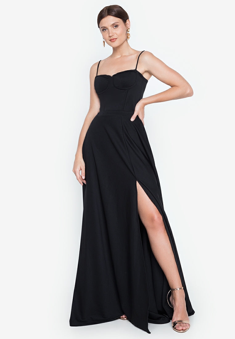 Strappy Bustier Sweep Train Maxi Dress in Black