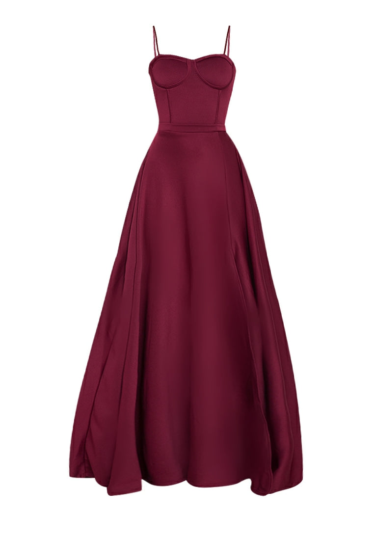 Strappy Bustier Sweep Train Maxi Dress in Maroon