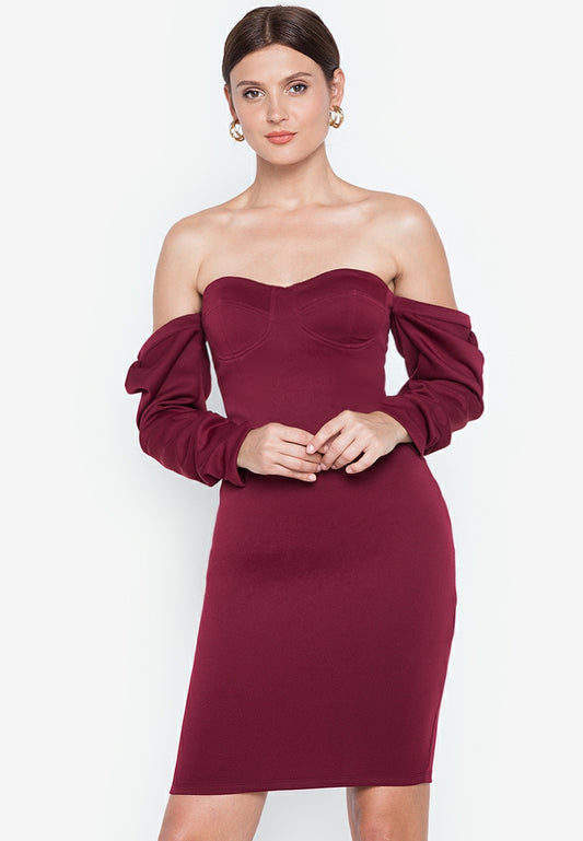 Bustier Longsleeves Mini Dress in Maroon