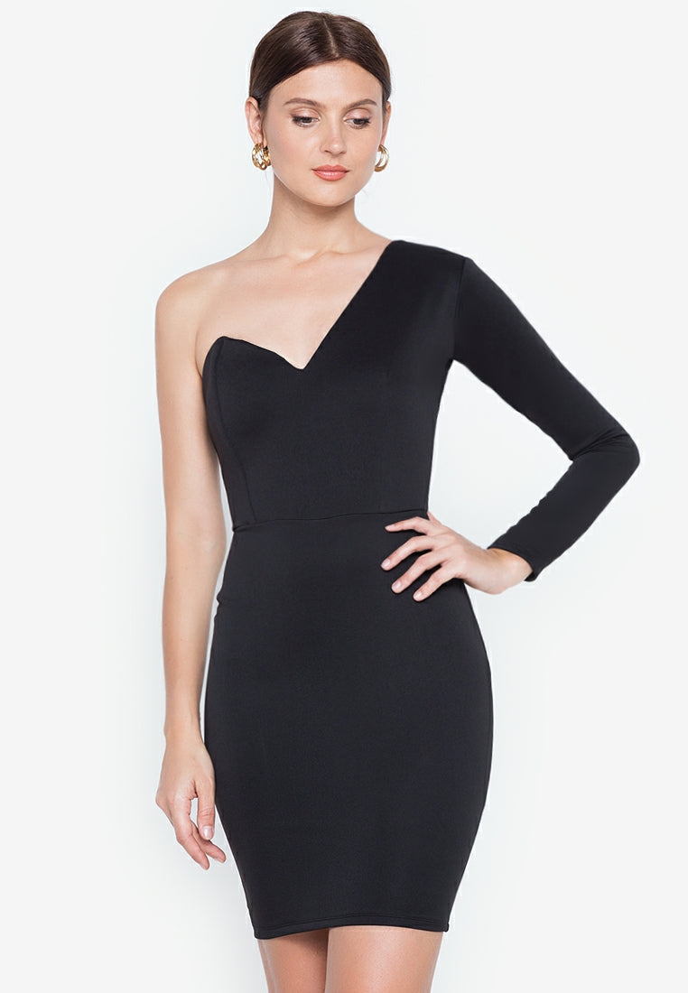 Half Shoulder Long-sleeved Mini Dress in Black