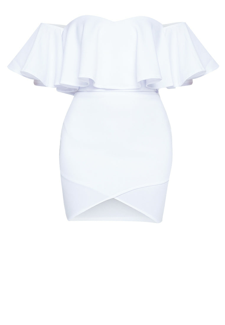 Off-the-Shoulder Frill Wrap Mini Set in White