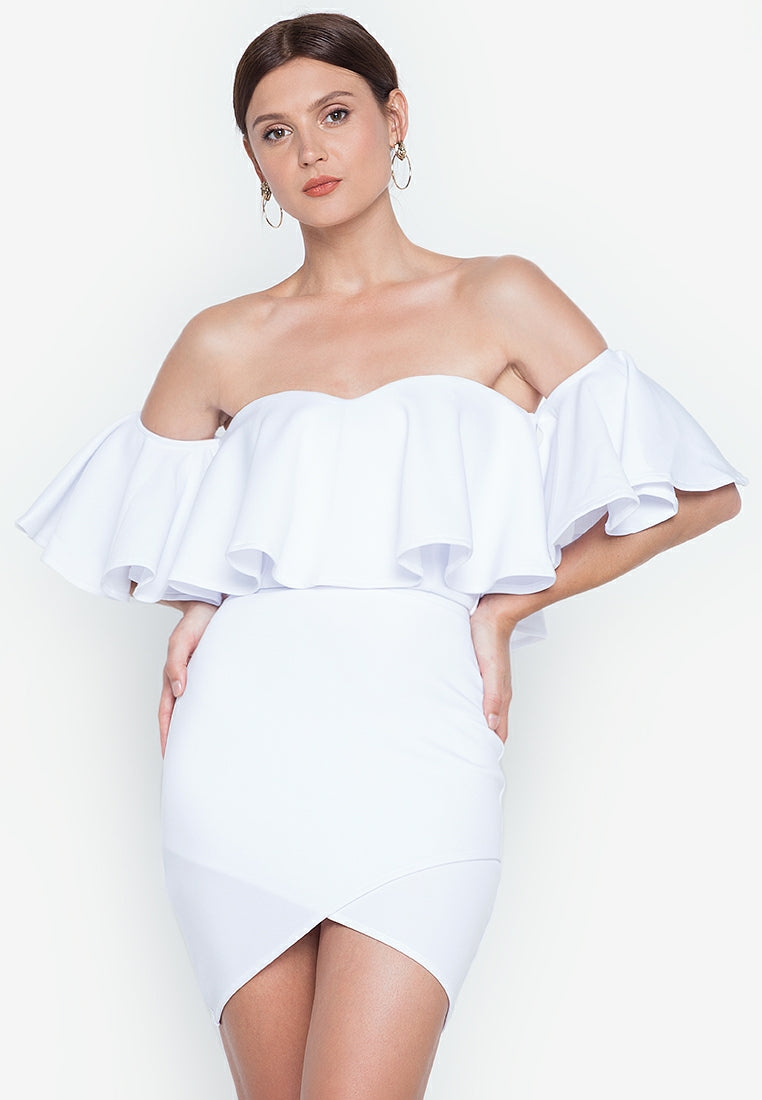 Off-the-Shoulder Frill Wrap Mini Set in White