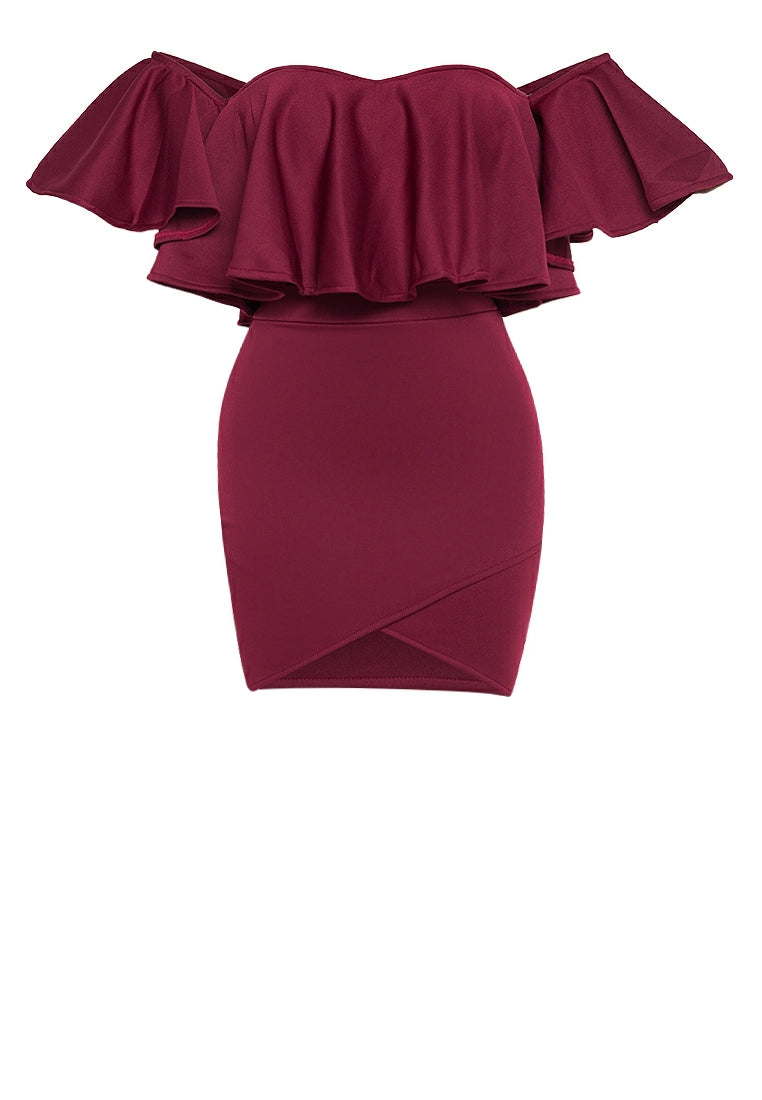 Off-the-Shoulder Frill Wrap Mini Set in Maroon