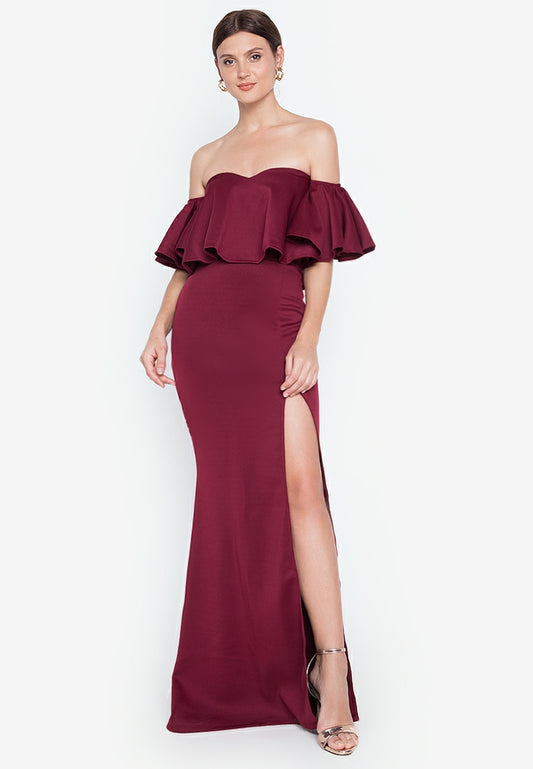 Off-the-Shoulder Frill Maxi Dress in Maroon