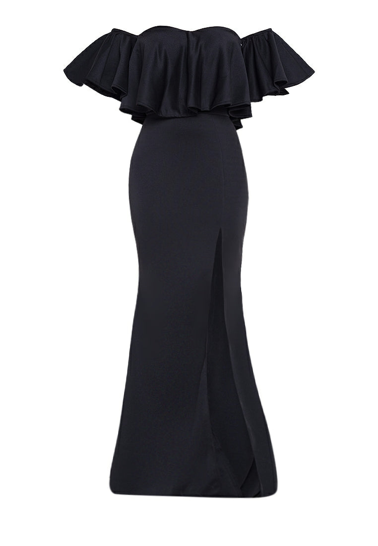 Off-the-Shoulder Frill Maxi Dress in Black