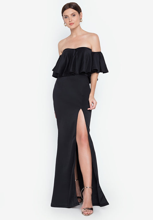 Off-the-Shoulder Frill Maxi Dress in Black