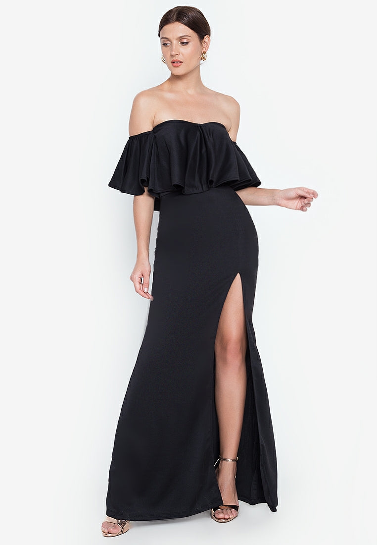 Off-the-Shoulder Frill Maxi Dress in Black