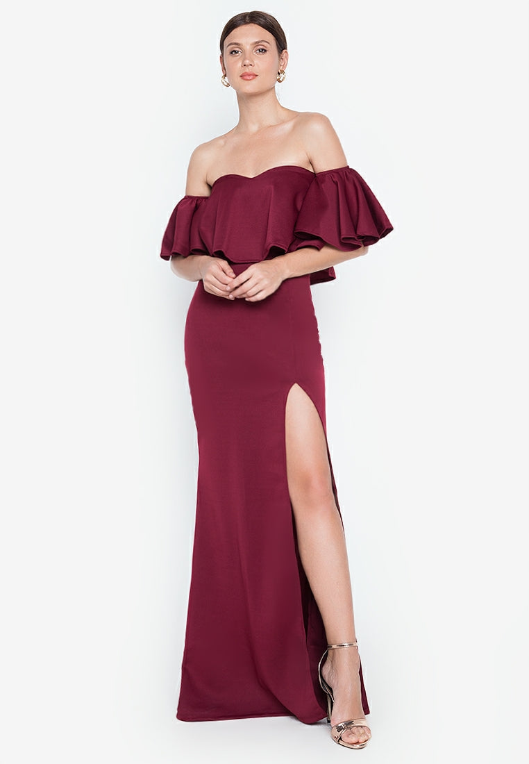 Off-the-Shoulder Frill Maxi Dress in Maroon