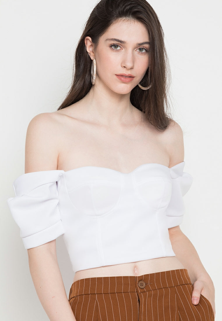 Puff-Sleeved Bustier Crop Top in White