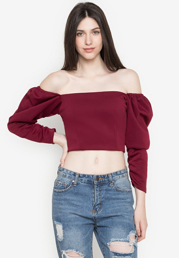 Puff Sleeved Square Neck Croptop in Maroon