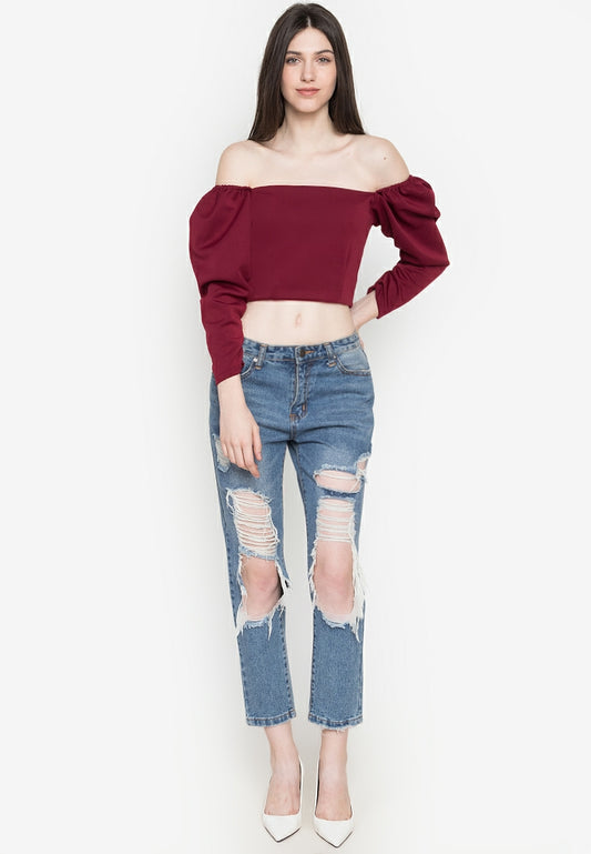 Puff Sleeved Square Neck Croptop in Maroon