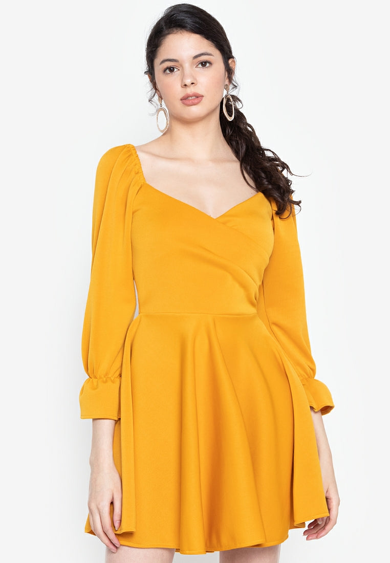 Wrap Puff Sleeved Dress in Mustard Yellow