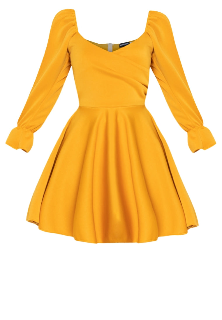 Wrap Puff Sleeved Dress in Mustard Yellow