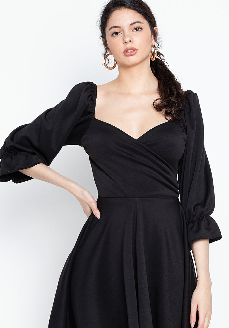 Wrap Puff Sleeved Dress in Black
