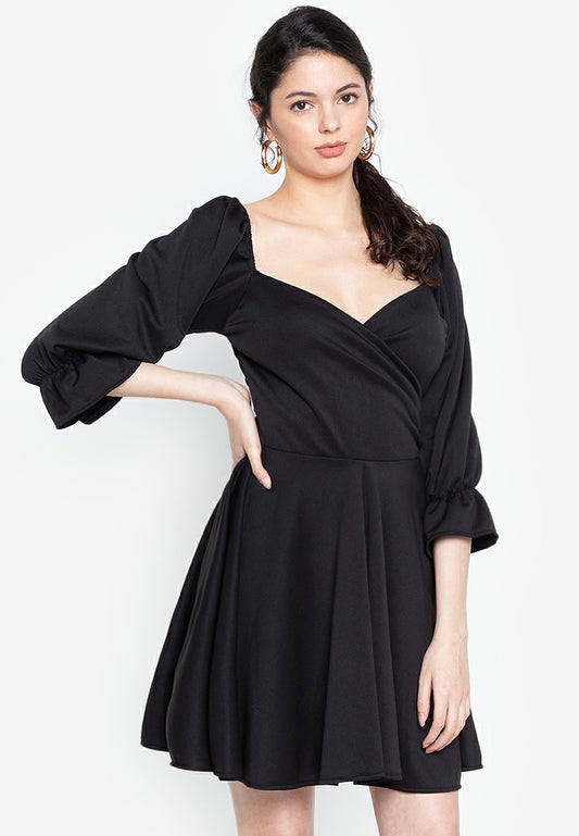 Wrap Puff Sleeved Dress in Black