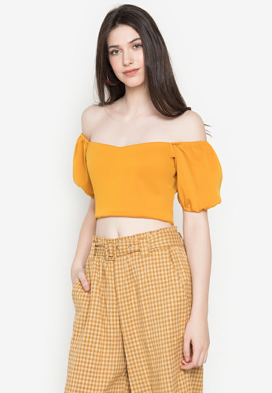 Puff-Sleeved Croptop in Mustard Yellow
