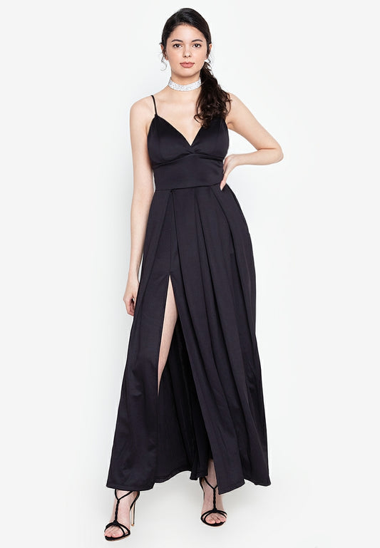 Plunging V-Neck Maxi Dress in Black