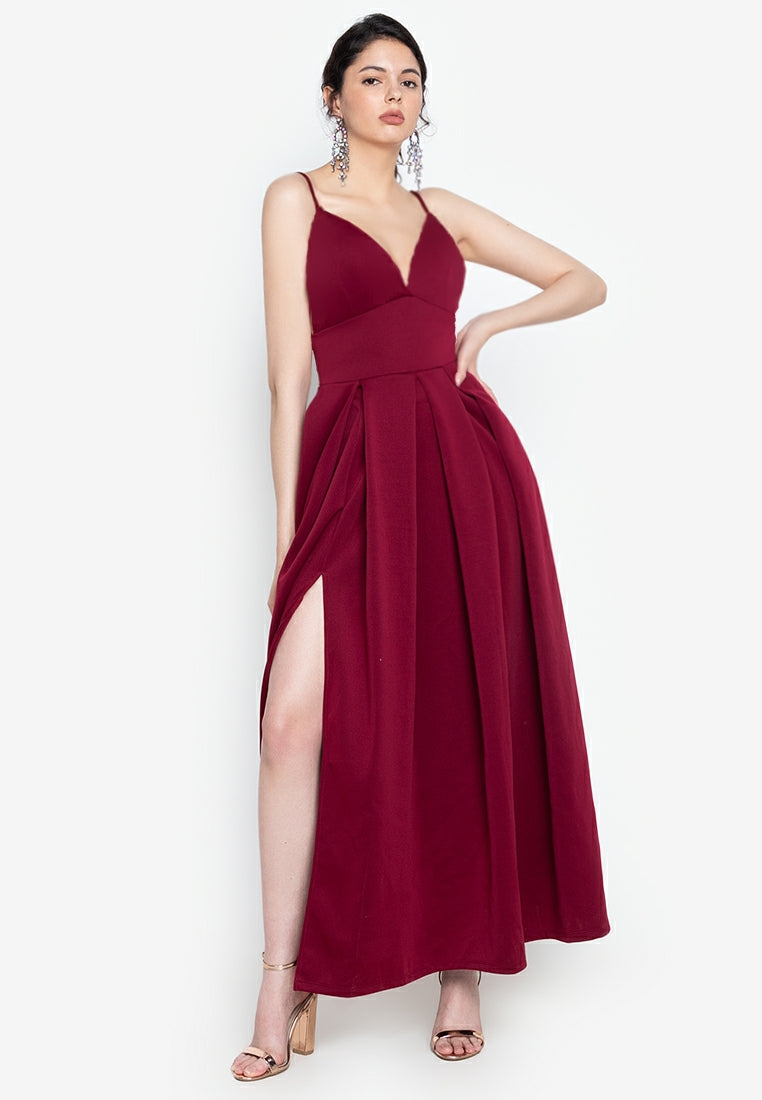 Plunging V-Neck Maxi Dress in Maroon