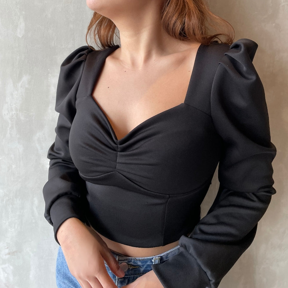 Square-Neck Puff-Sleeved Crop Top in Black