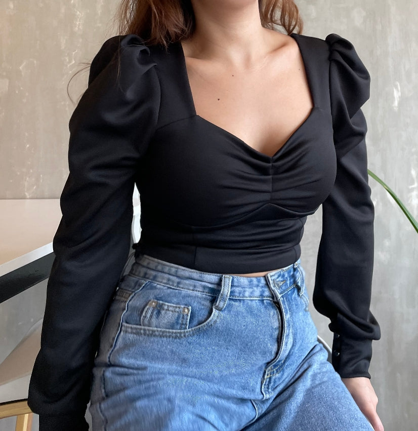 Square-Neck Puff-Sleeved Crop Top in Black