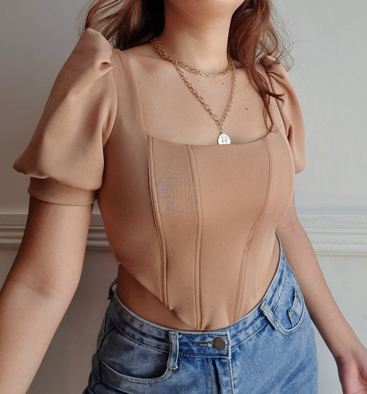 Square-Neck Puff-Sleeved Corset in Mocha
