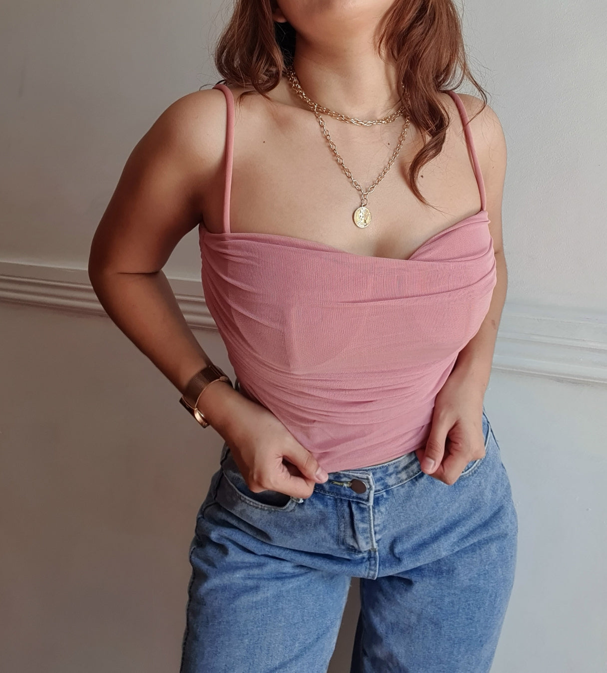 Strappy Bustier Mesh Top in Rose Pink