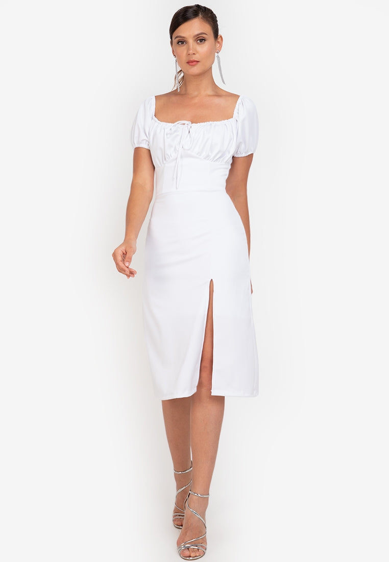 Puff-Sleeved Midi Dress in White