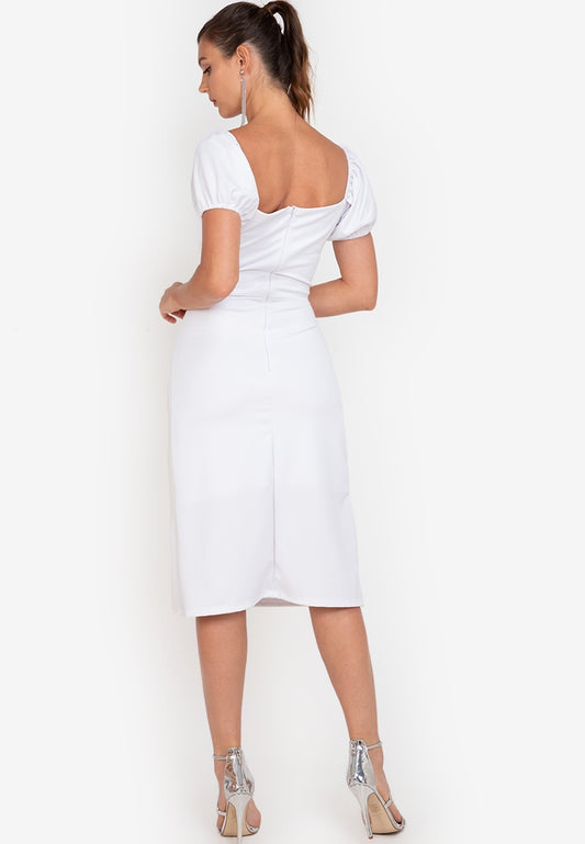 Puff-Sleeved Midi Dress in White