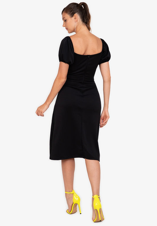 Puff-Sleeved Midi Dress in Black