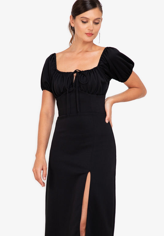 Puff-Sleeved Midi Dress in Black