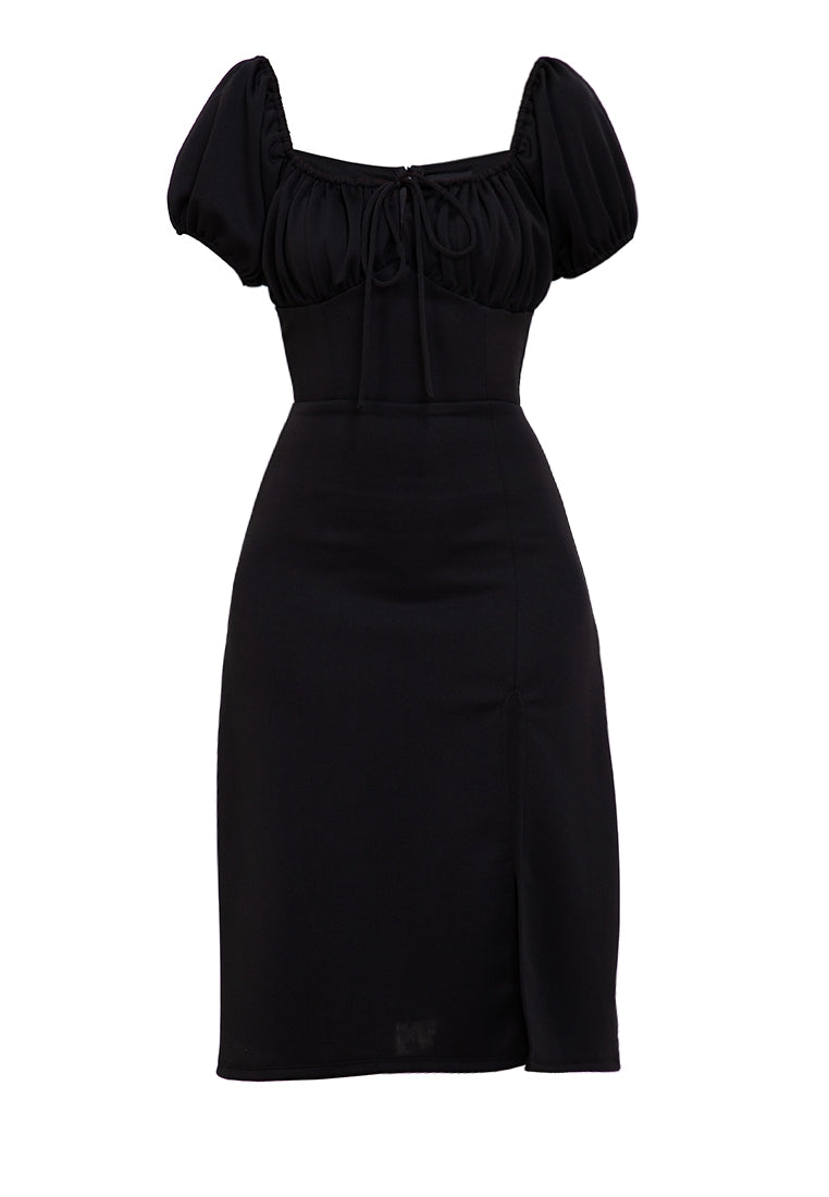 Puff-Sleeved Midi Dress in Black