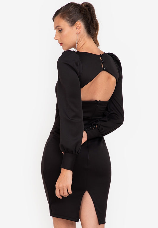 Puff-sleeved Knee-length Dress in Black