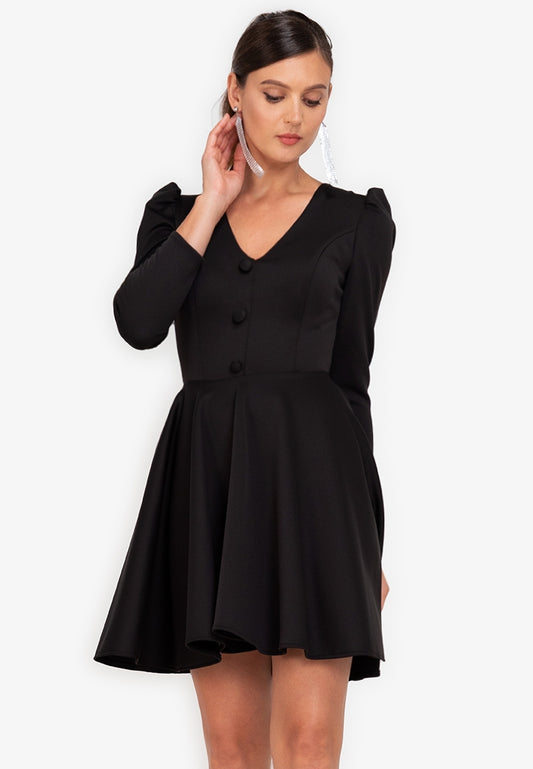 V-neck Fit and Flare Mini Dress in Black