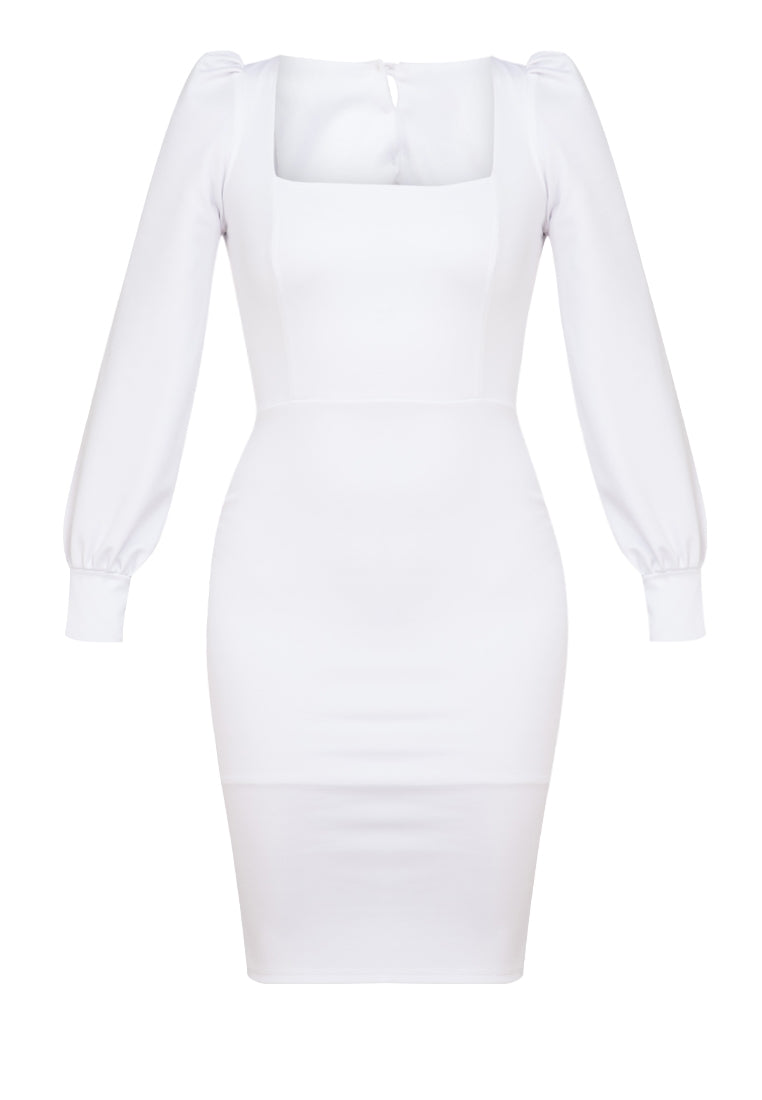 Puff-sleeved Knee-length Dress in White