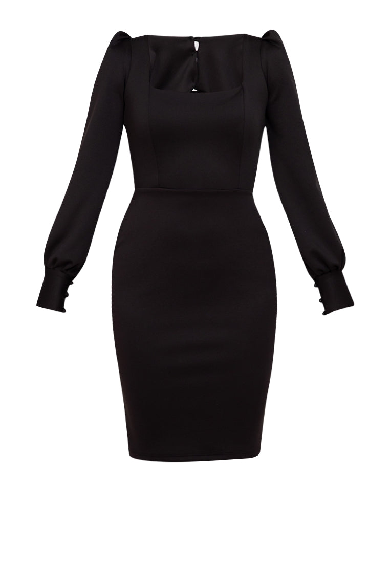 Puff-sleeved Knee-length Dress in Black