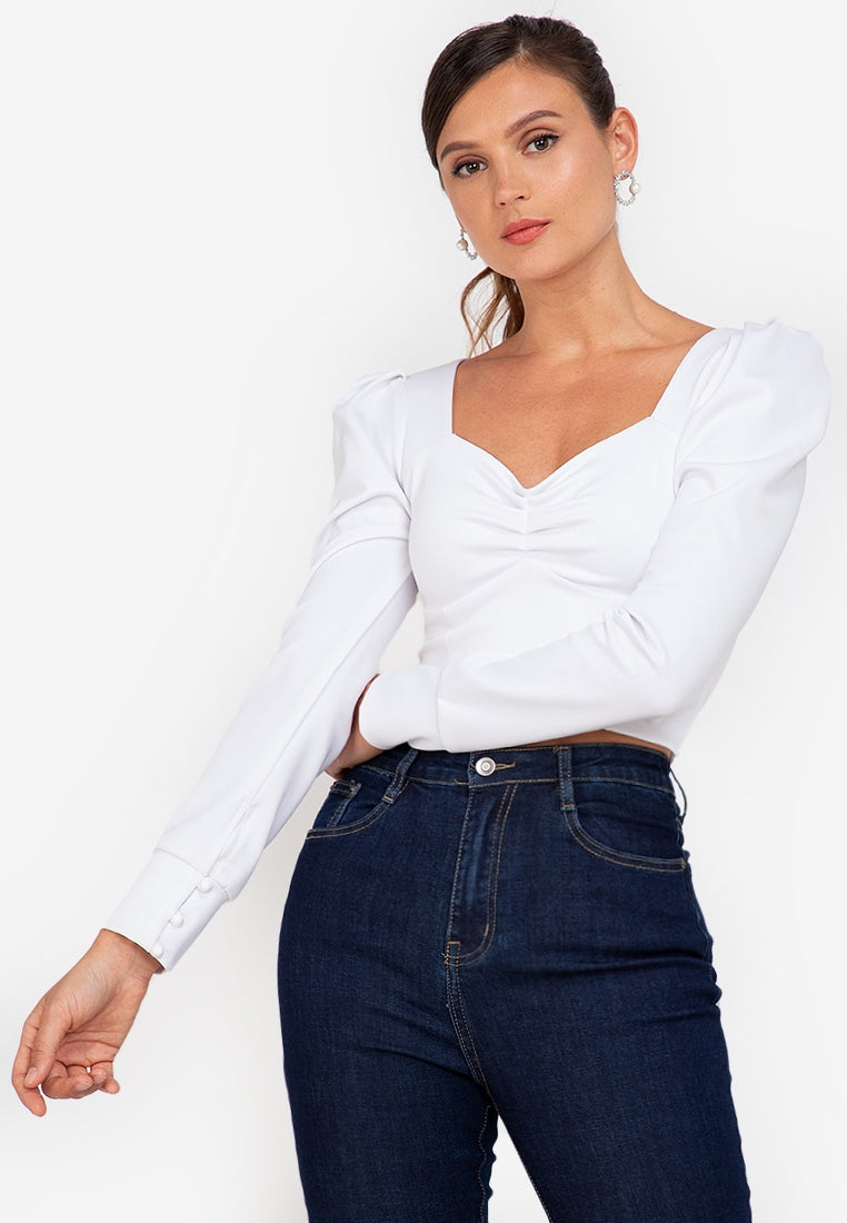 Square-Neck Puff-Sleeved Crop Top in White