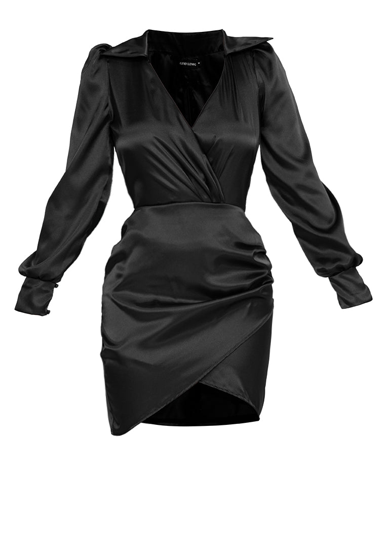 Long Sleeves Collared Wrap Mini Dress in Black