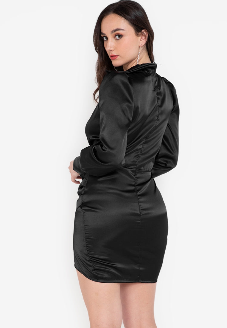 Long Sleeves Collared Wrap Mini Dress in Black