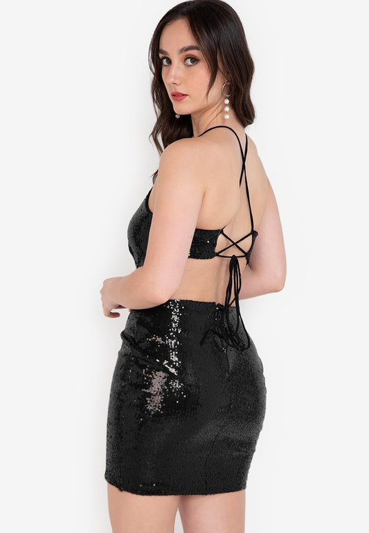 Strappy Backless Sequined Mini Dress