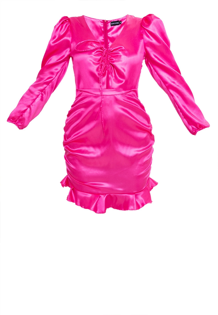 Satin Ruched Cut-out Mini Dress in Fuchsia Pink