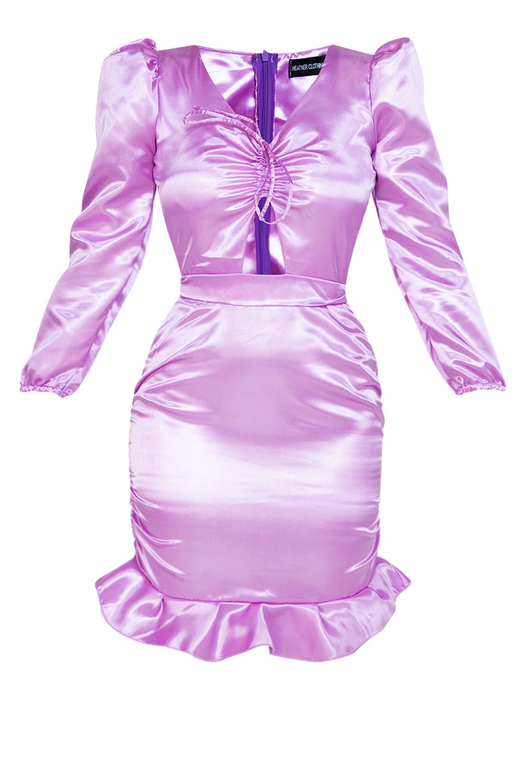 Satin Ruched Cut-out Mini Dress in Lilac