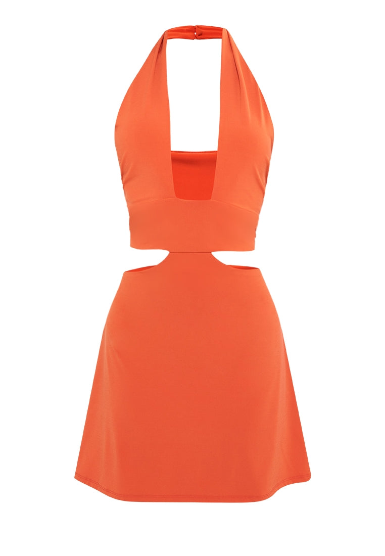 Cut Out Detail Halter Mini Dress in Orange
