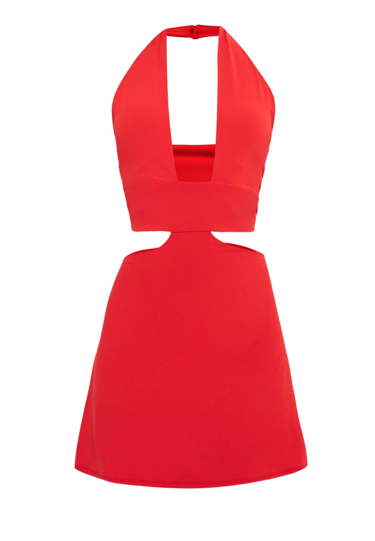 Cut Out Detail Halter Mini Dress in Red